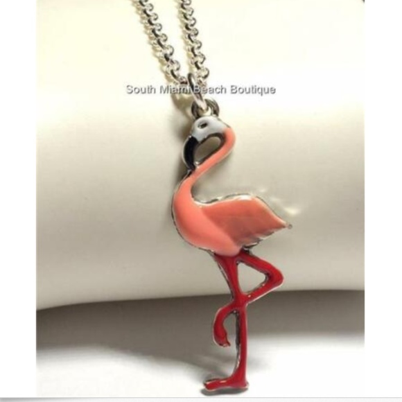 Flamingo Necklace 18" Pendant Island Bird Pink Peach Enamel Beach Silver Plated - Picture 1 of 8